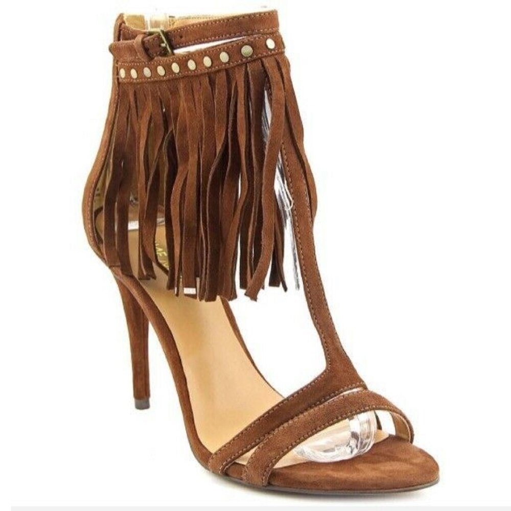 8.5W Nine West Suede Fringe Leather T-Strap Sandal